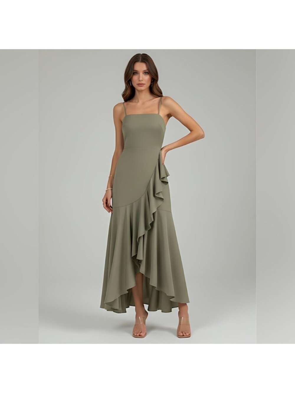 Asymmetrical Hem Ruffle Trim Spaghetti Strap Dress Green